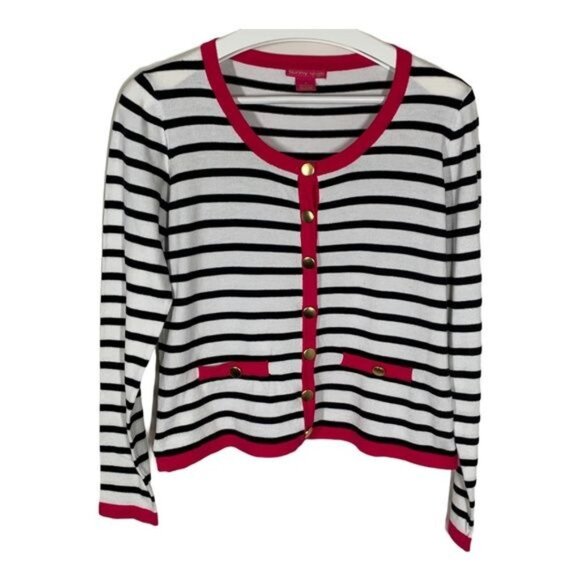 Sunny Leigh Black White Striped Cardigan Sweater Women’s Small - Picture 1 of 9